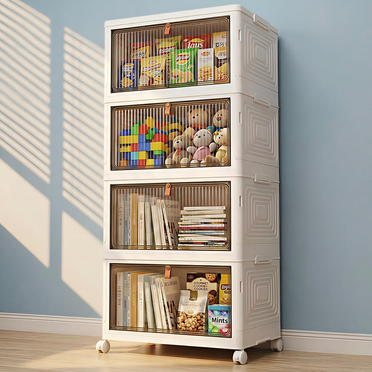 LDQ 4 Tier 136QT Foldable Storage Bins with Lids, Stackable Plastic Organizer Cabinet with Wheels, Multi-Purpose Containers for Living Room, Bathroom, Office & Dorm