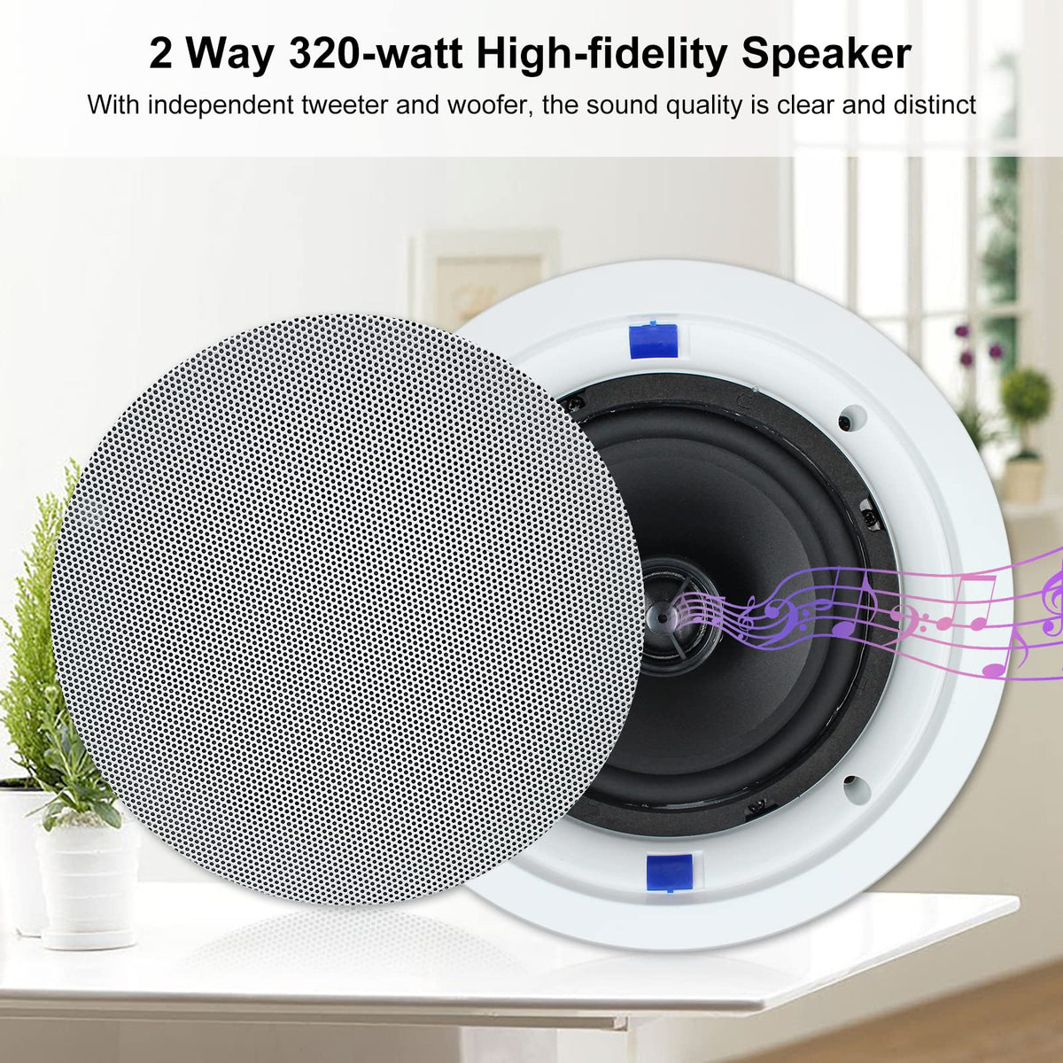 Herdio 6.5 Inch Bluetooth Ceiling Speakers 320W 2-Way Flush Mount in Wall Amplifier Receiver Suitable for Home Theater Bathroom Living Room Kitchen Office (White, Pair)