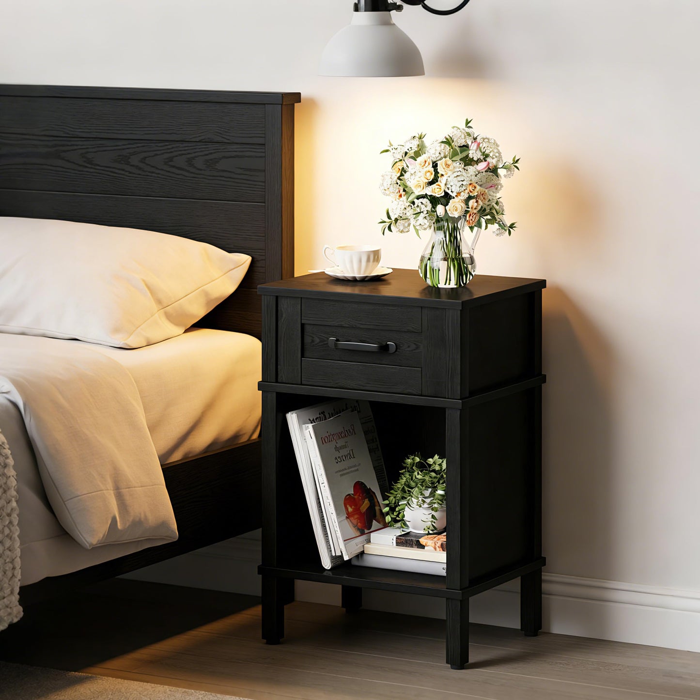 YAUKTAK Farmhouse Nightstand with Drawer, Small Wood Side Table, Wooden Bedroom Nightstand, Wood Night Stand, Black Bedside Table with Storage, Black End Table for Living Room LET512B