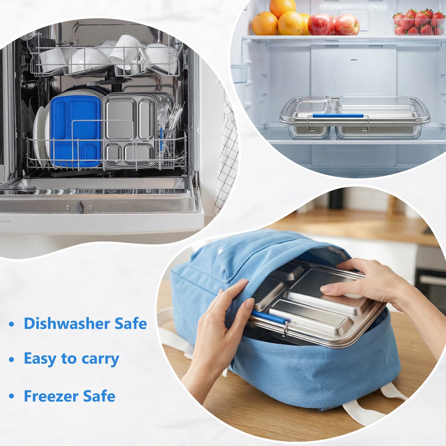 Zeekala Stainless Steel Bento Lunch Box for Kids & Adults, 4 Compartment Kids Lunch Box, Metal Bento Box with Silicone Container and Stainless Steel Sauce Container,BPA-Free,School,Office(Blue)