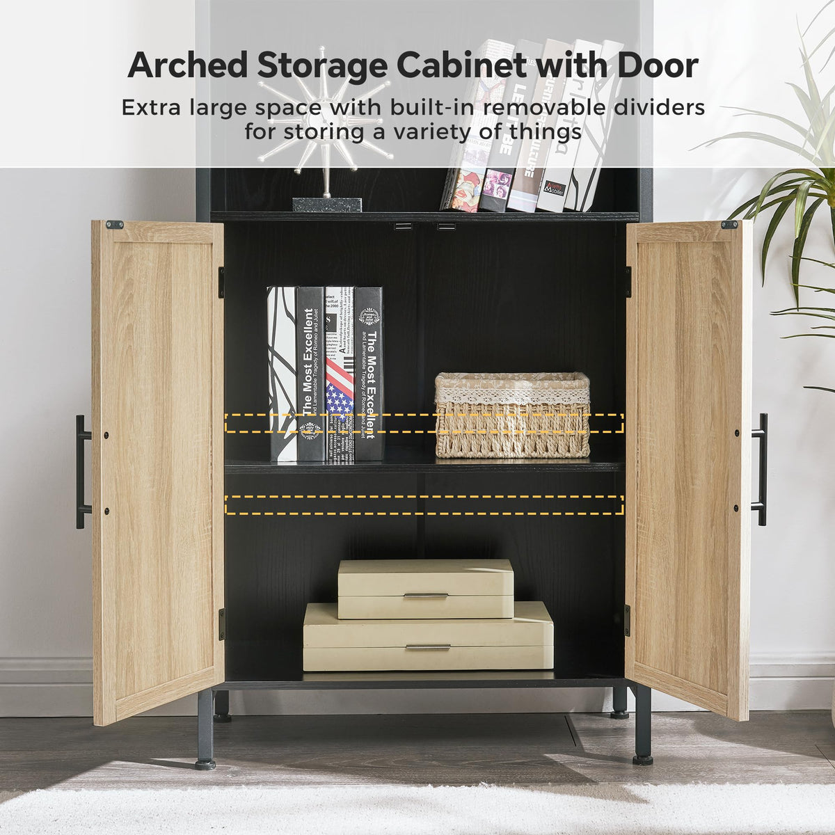 VIPLUMI Arched Bookcase Book Shelf with Doors, 5 Tier Display Bookshelf Tall Cabinet with Storage, Industrial Floor Standing Bookshelves Open bookcases for Home Office, Living Room(Oak&Black)