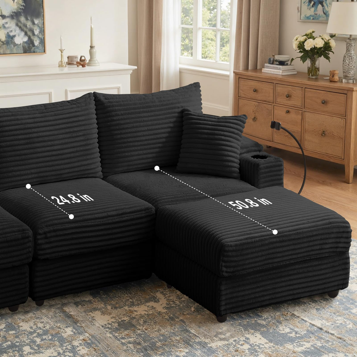 104.3" Modular Sectional Sofa, L-Shaped Couches for Living Room, Comfy Cloud Couch with Ottoman, Convertible 4 Seats Deep Seat Sofas, Black Corduroy Couch with Charger, Cup Holders & Armrest Storage