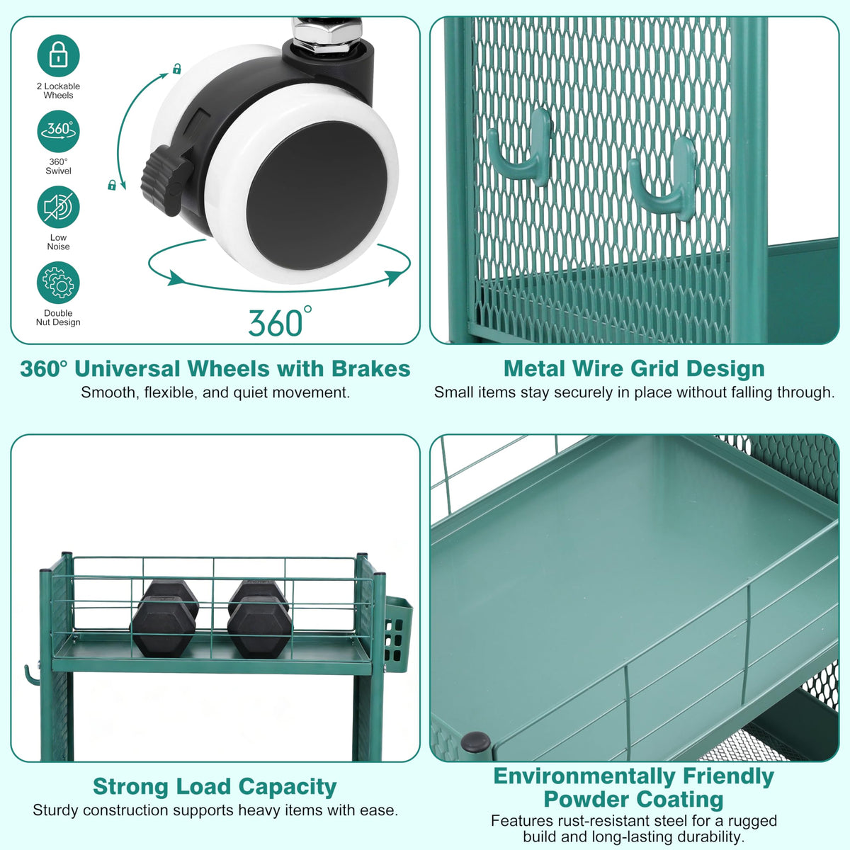3-Tier Rolling Storage Cart Metal Utility Cart with Wheels, Office Organizer with Hanging Cups, Hooks, Book Snack Craft Mobile Shelving Unit for Office Kitchen Nursery