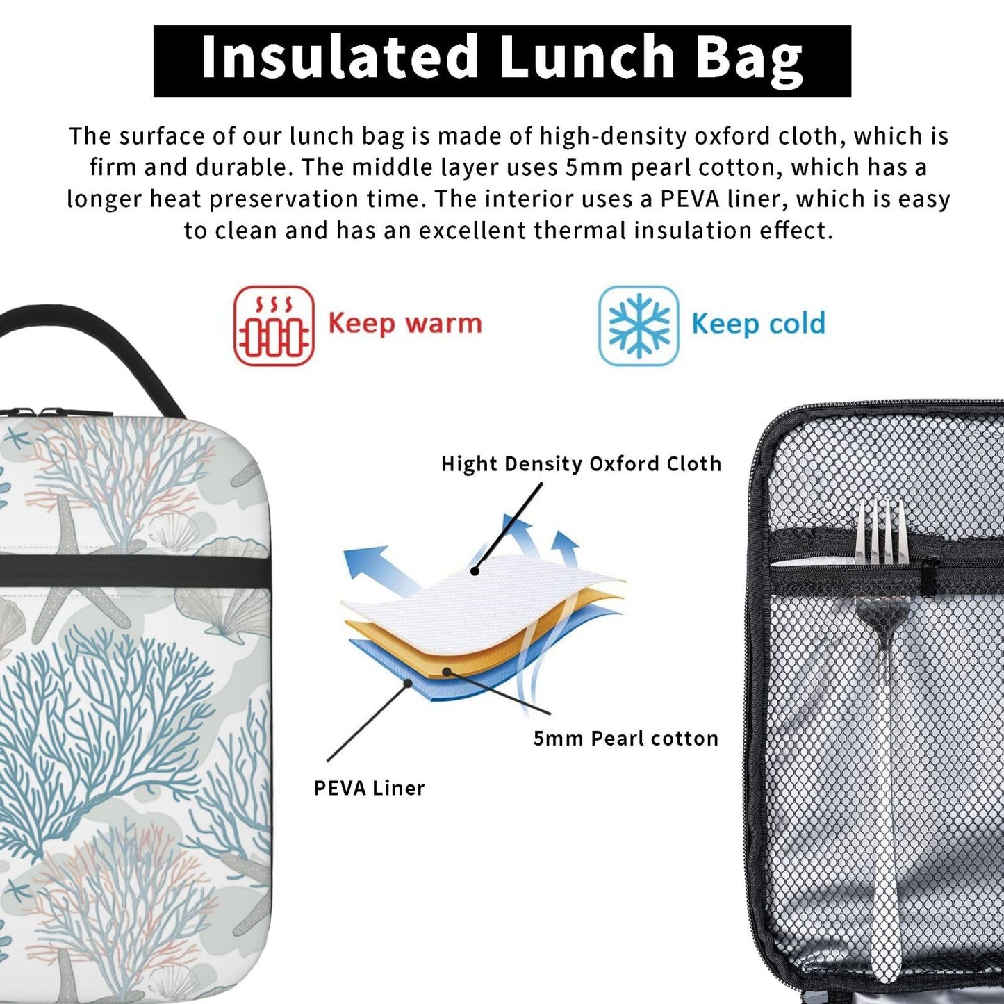 VANZEV Nautical Coastal Lunch Box for Adults Women Girls Boys Kids Starfish Seashell Coral Beach Lunch Box Insulated Cooler Reusable Lunch Bag Container Gifts for Work Office Picnic Travel School