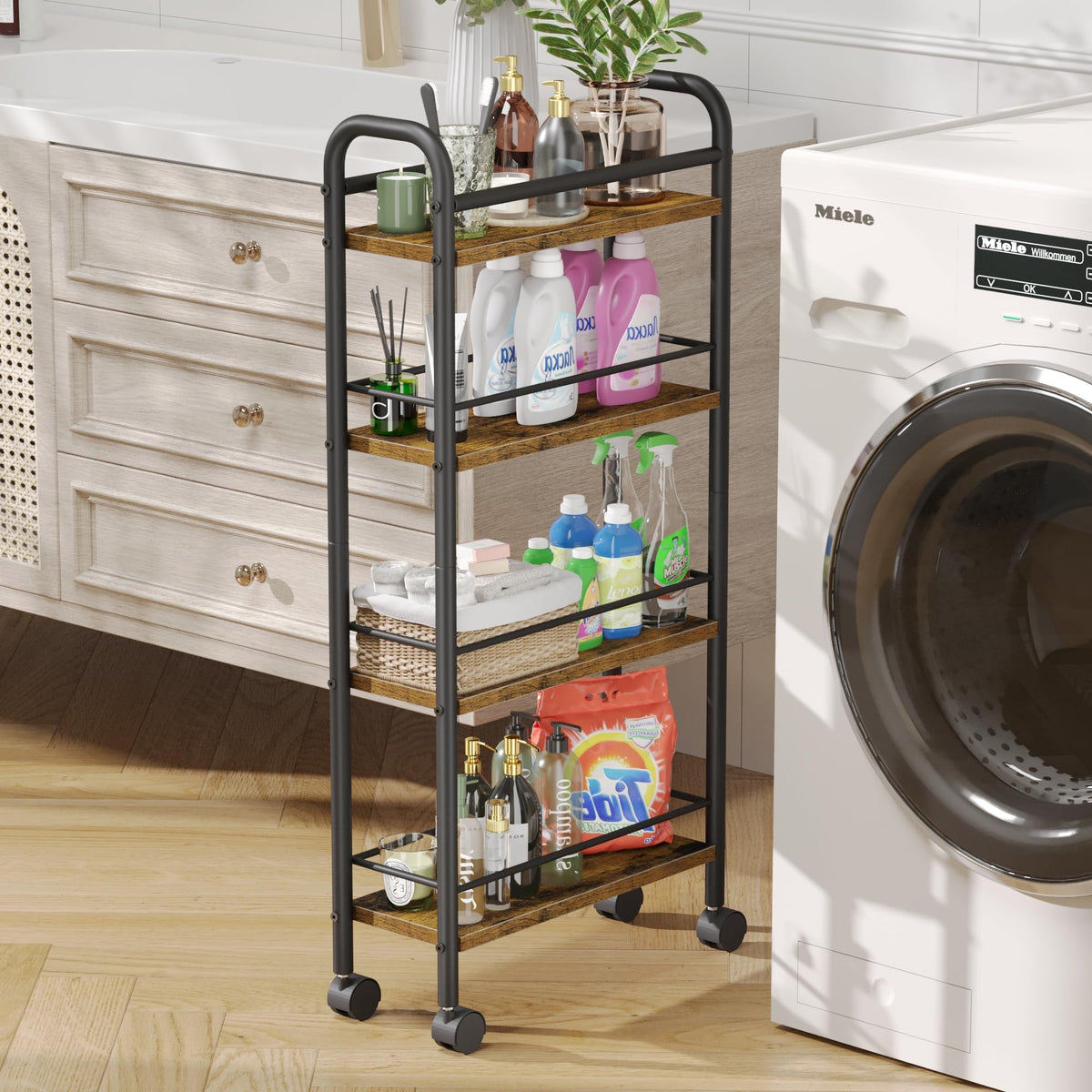 Asgolion Slim Storage Cart, 4-Tier Small Rolling Cart with Wheels, 5.9" Deep, Narrow Bathroom Shelf Trolley for Kitchen, Bathroom, Laundry Room, Rustic Brown Standard 4-Tier (5.9" W x 33.6" H)
