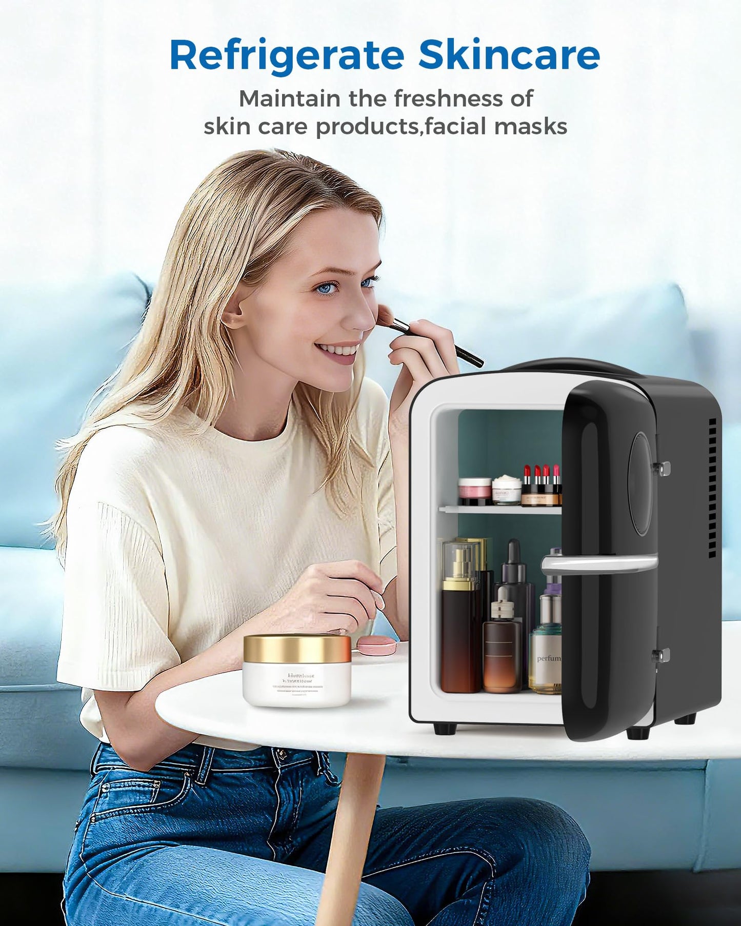 Electactic Mini Fridge for Bedroom, 4L/6 Cans Small Cosmetic Fridge for Skincare, Makeup & Drink, With Observation Window, Portable Desk Fridge Cooler and Warmer for Kids, Car, Office, Dorm, Black