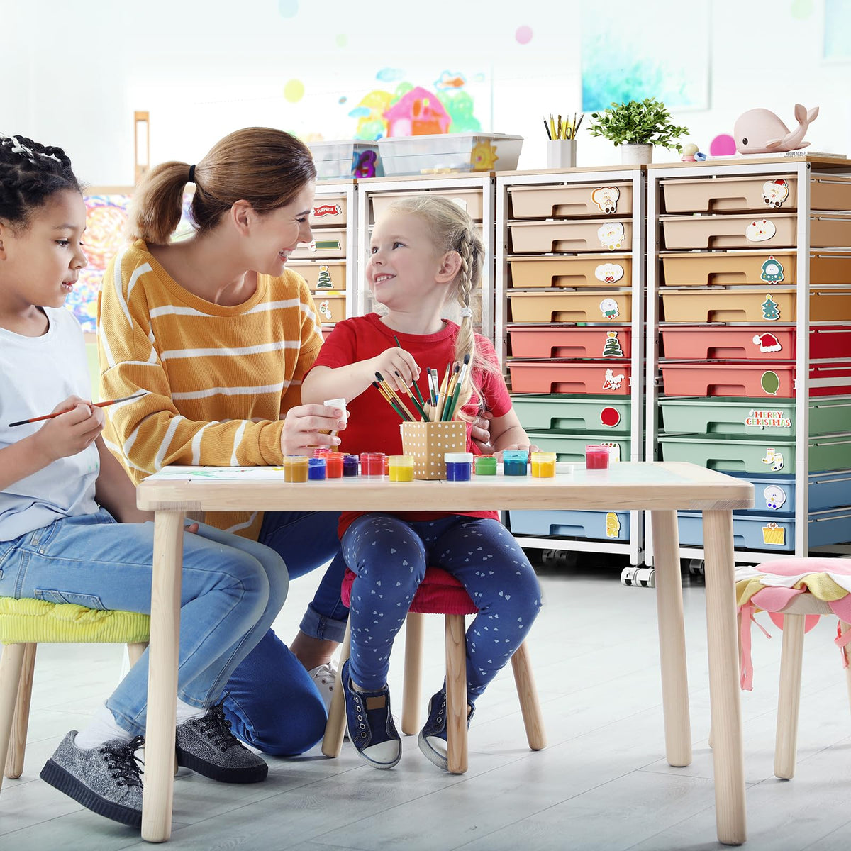 SYKIARIOL Rolling Cart with Drawers,10 Drawer Rolling Cart,Storage Cart with Wheels,Utility Cart with Drawers,Teacher Cart for Classroom Storage,Craft Cart with Wheels and Wooden Tabletop,Rainbow