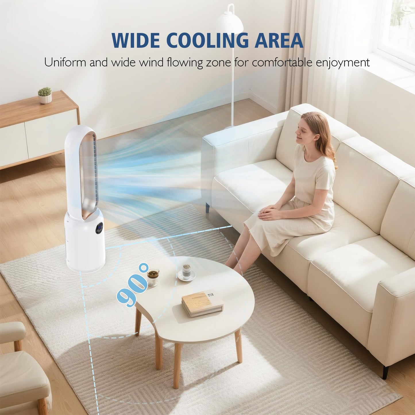 MOMOKOVA Bladeless Tower Fan for Bedroom, Powerful 26ft/s Airflow, 24 Speeds, 90° Oscillation, 12H Timer, Standing Fans with Remote, Quiet Bladeless Cooling Fan for Home Office Room, White Gold