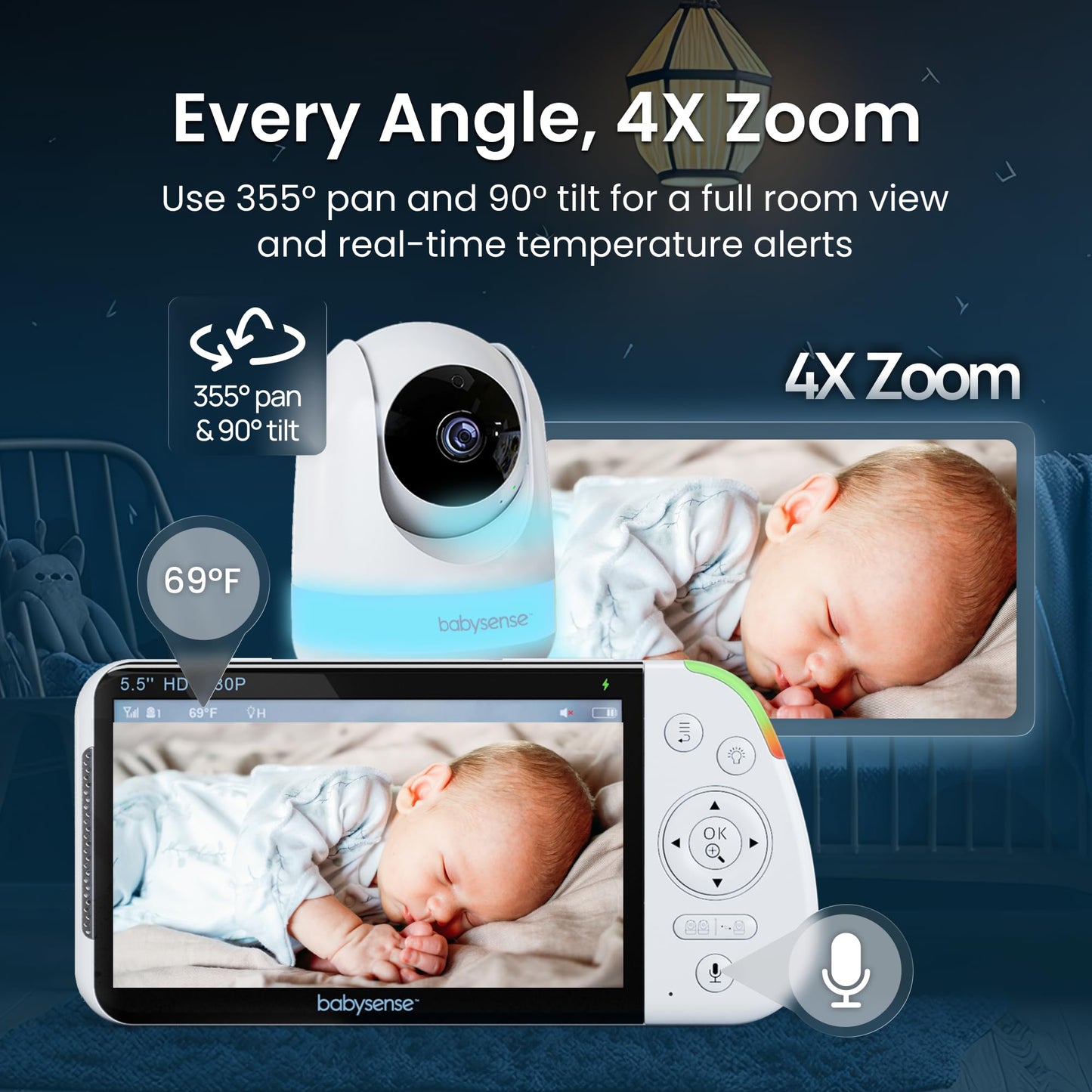 Babysense PRO Full HD 5.5" Split Screen Baby Monitor with 2 Cameras, 6-Color Night Light, White Noise, Sound & Light Machine, 20-Hour Battery, Hack-Proof Non-WiFi Secure Connection