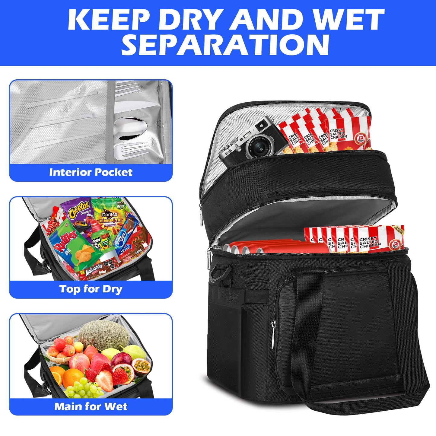 KALVATAY Insulated Lunch Bag, Lunch Box for Men, Double Deck Reusable Lunch Bag for Work Outdoor Picnic Day Trips - Heavy Duty Leakproof Cooler Bag Organizer for Adults(Black, 18L)