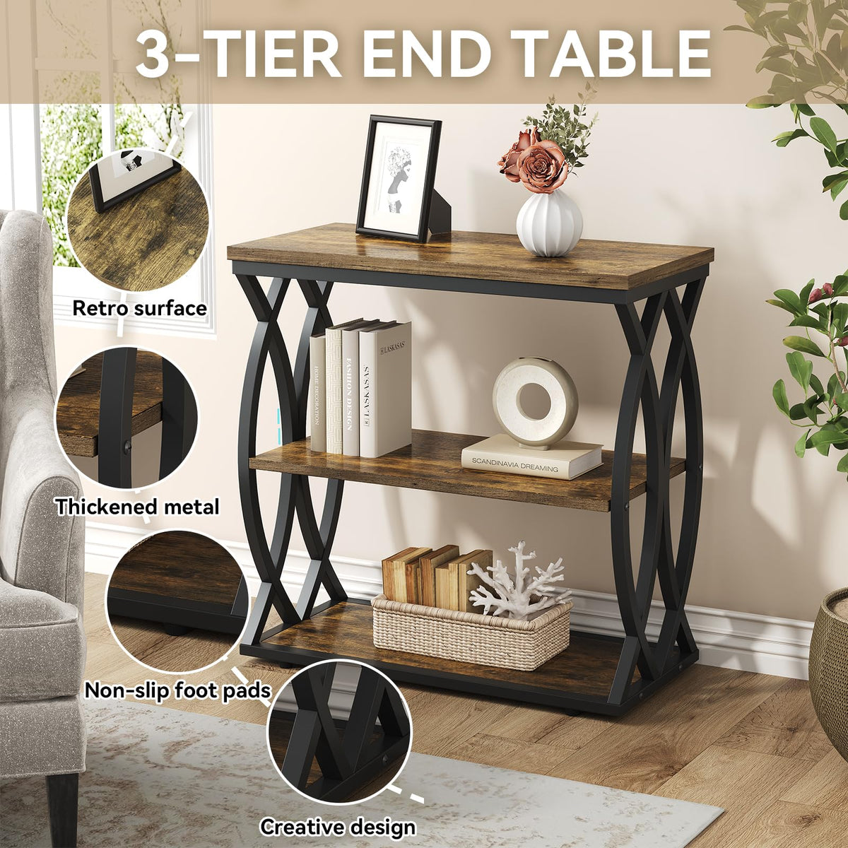 FJLHOHG End Table, Narrow Side Table, 3-Tier End Table with Metal Frame, Living Room Side Table with Storage for Couch, Sofa, Bedroom, Small Spaces, Easy Assembly, 23.6"D*11.8"W*23.6"H, Rustic Brown
