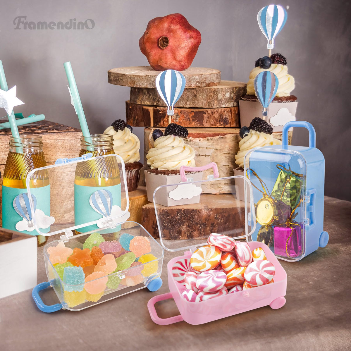 Framendino, 8 Pack Plastic Mini Suitcase Tiny Travel Jewelry Candy Box for Home Wedding Decoration (2.9" X 2" X 1.4")