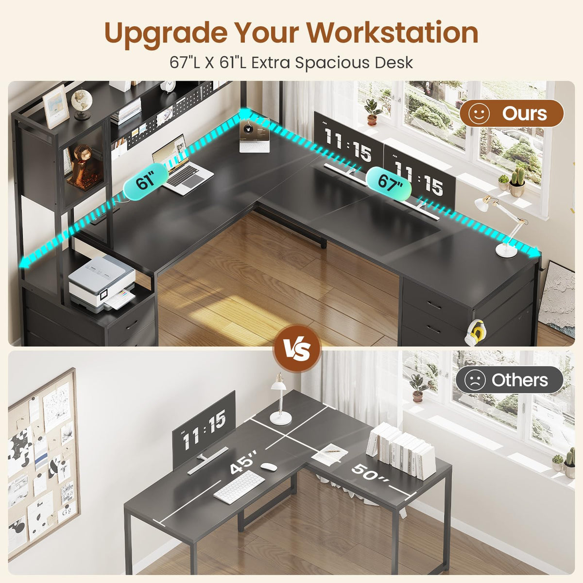 SEDETA L Shaped Gaming Desk with Drawers, Reversible Computer Corner Desk with File Drawer, Hutch, Storage Shelves for Home Office, Gaming Two Person Desk with Led Lights, Power Outlet, Black