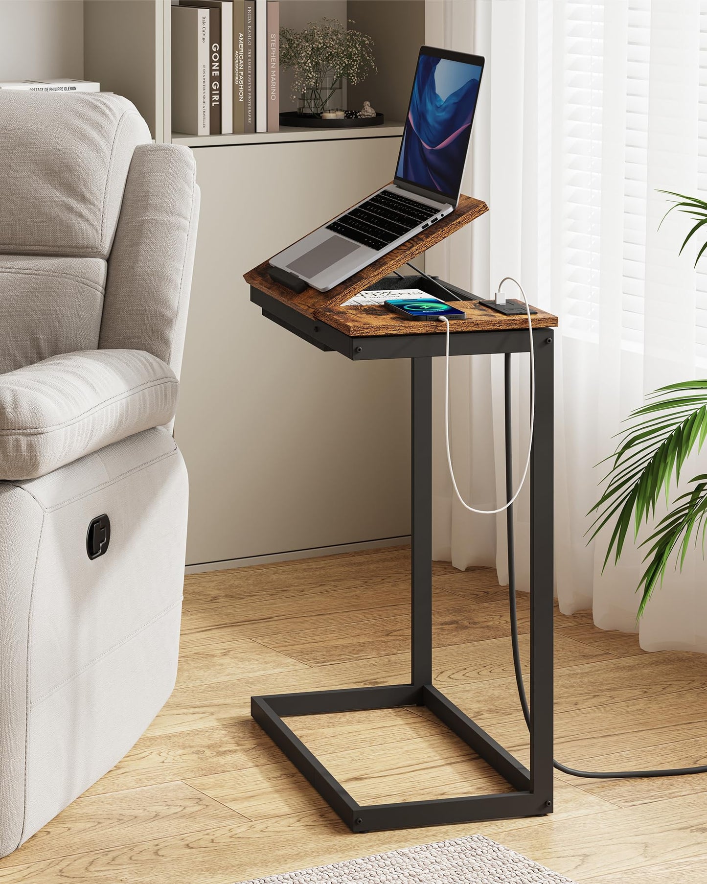 TUTOTAK C Shaped End Table with Charging Station, Tilting Laptop Stand Side Table, Under Couch Table for Living Room Bedroom, Brown TB01BB090