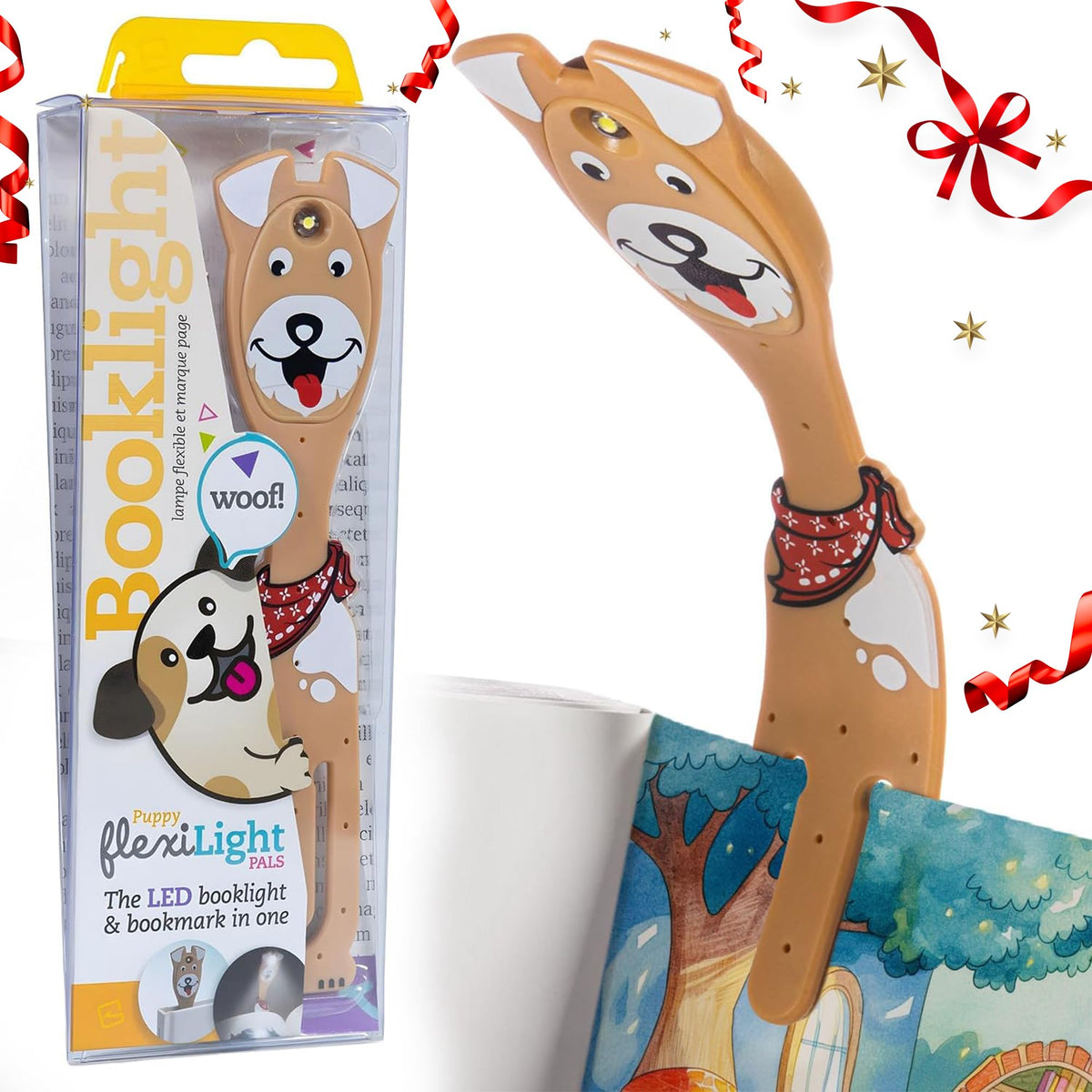 Gifts for Readers & Writers Book Light for Kids, Clip On Reading Light for Bed, 2in1 Flexilight Pals & Bookmark, Small & Lightweight with a Soft Glow, 2 Batteries Included, Dog