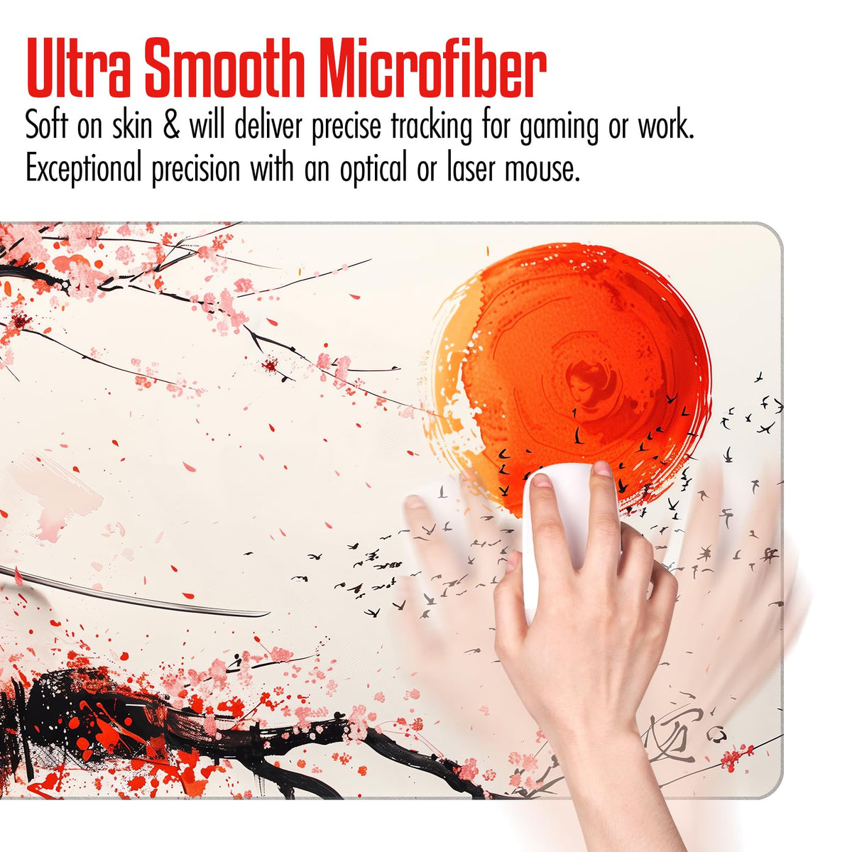 VNDL Large Japanese Gaming Mouse Pad, White and Red, Premium Non-Slip Anime Desk Pad for Office, Extended XL XXL Mouse Mat and Laptop Pad, Waterproof and Stiched Edges 31.5 x 15.7 in (sam3)