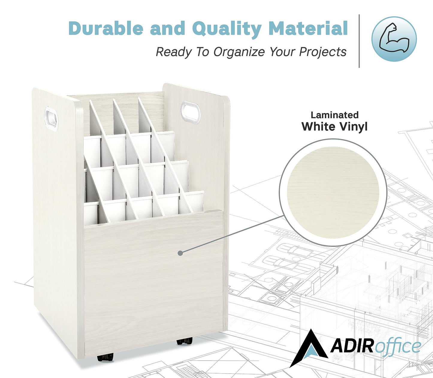 AdirOffice Adir Blue Print Storage Organizer - Mobile Roll File Cart, Construction Plan Holders, Blueprint Cabinet with Wheels, Roll Files Storage for Office and Home (20 Slots, White)