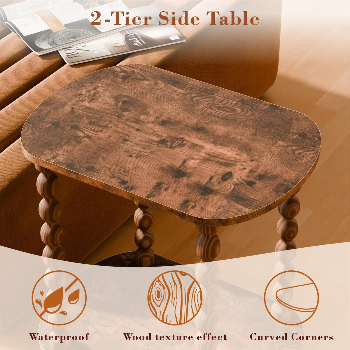 2-Tier Side Table, Small End Table with Storage Shelf for Small Spaces, Modern Bedside Tables for Living Room, Bedroom, Corners, and Office (Rustic Brown, 11.81 inch)