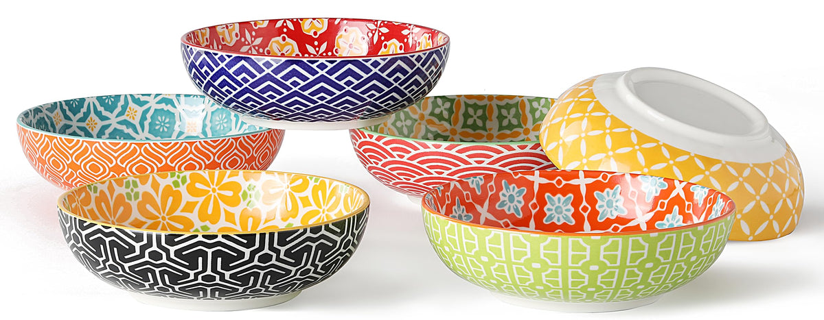 Metahom Small Dessert Bowls, Ceramic Snack Bowls for Kitchen, 11 Oz Colorful Shallow Bowl Set for Ice Cream, Condiments, Side Dishes, Set of 6, Dishwasher & Microwave Safe