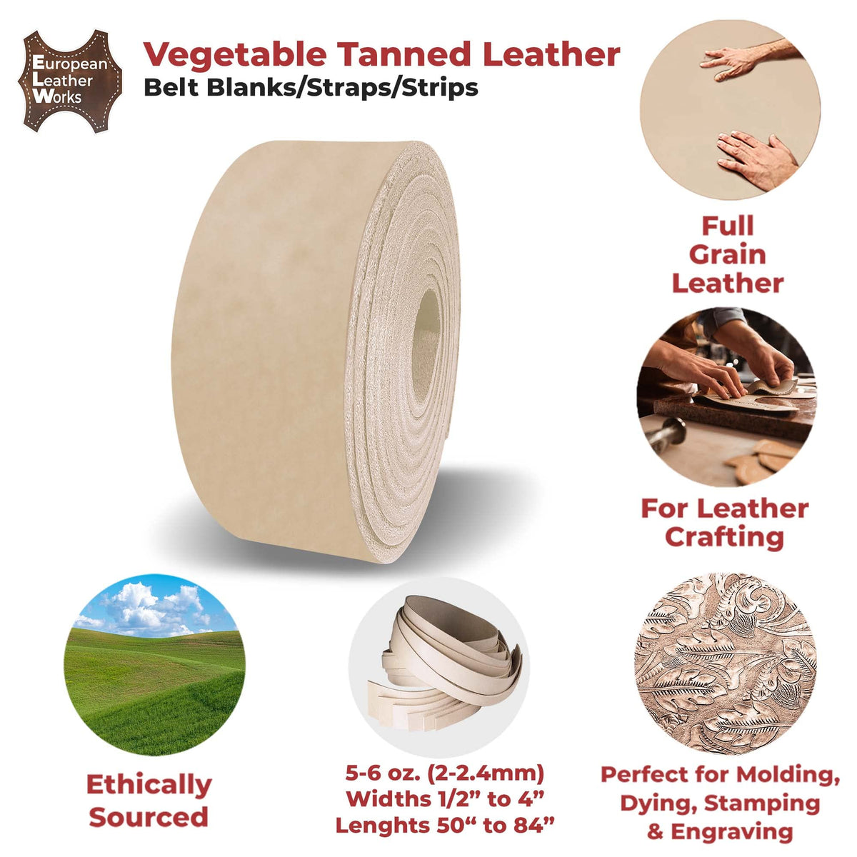 ELW Leather Blank Belt | 5-6 Oz. (2-2.4mm) Thickness | Size: 1"x60" (2.54x152cm) | Cowhide Vegetable Tanned | Full Grain Strip, Strap | Ideal for DIY Belts for Tooling, Crafting, Stamping, Dyeing