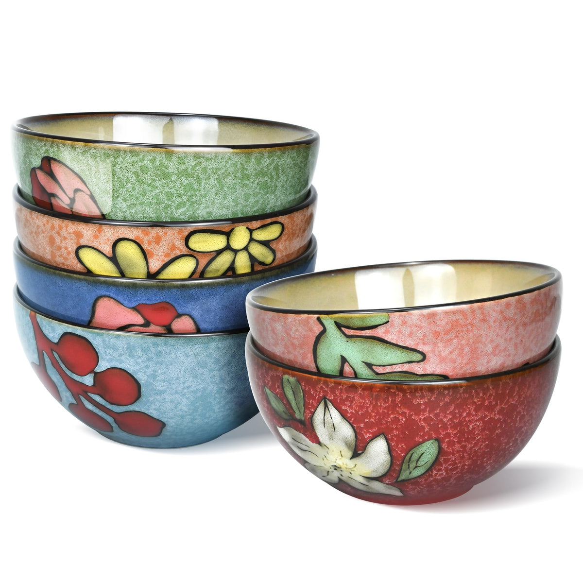 Ceramic Cereal Bowls Set of 6, Floral Design 6 inch – 28oz for Cereal, Salad, Soup, Dessert, or Snacks, Microwave, Dishwasher Safe