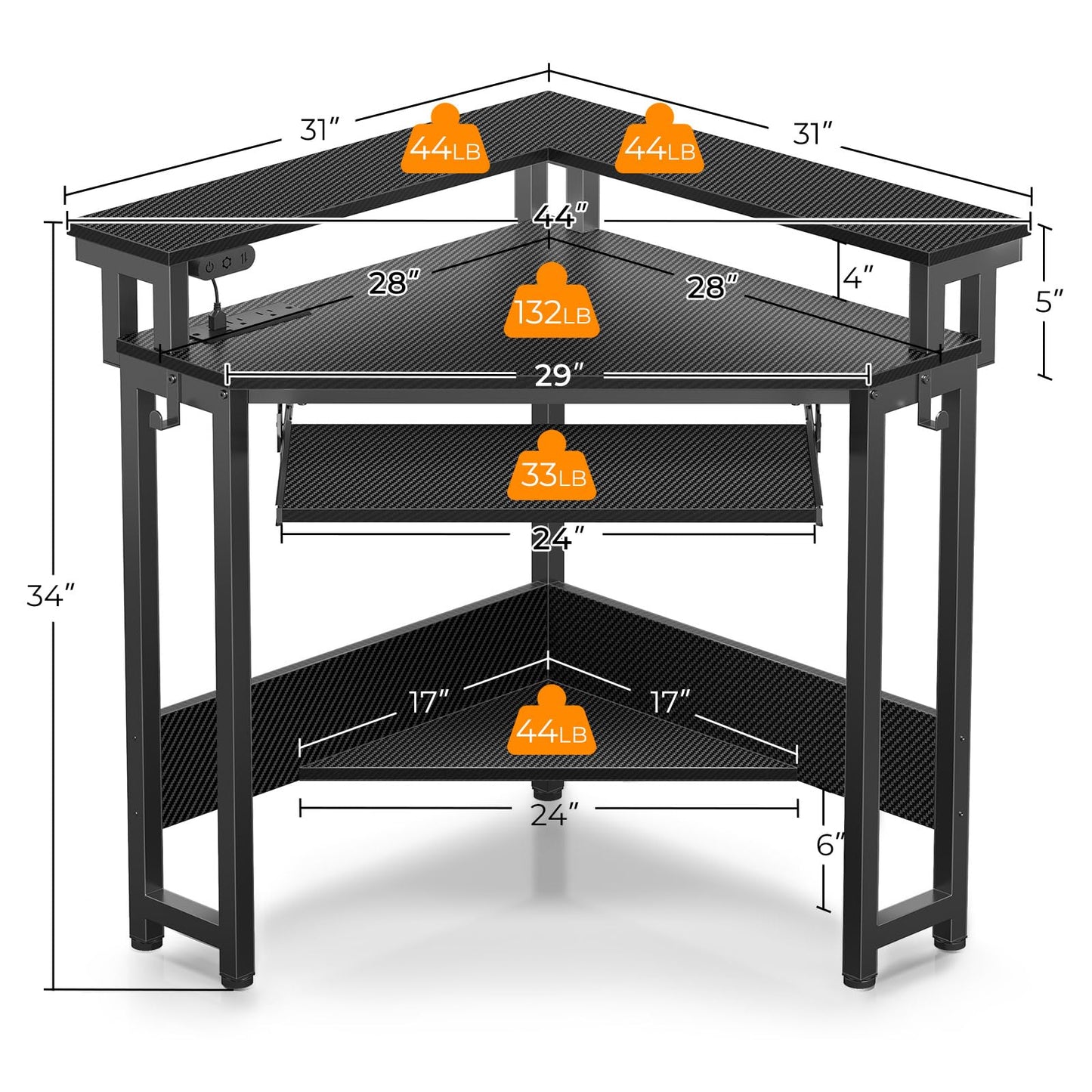 Rolanstar Corner Desk,44" W x 34" H Small Computer Desk with Power Outlets, Gaming Desk with LED Lights, Triangle Corner Table with Keyboard Tray & Monitor Stand for Small Space, Black