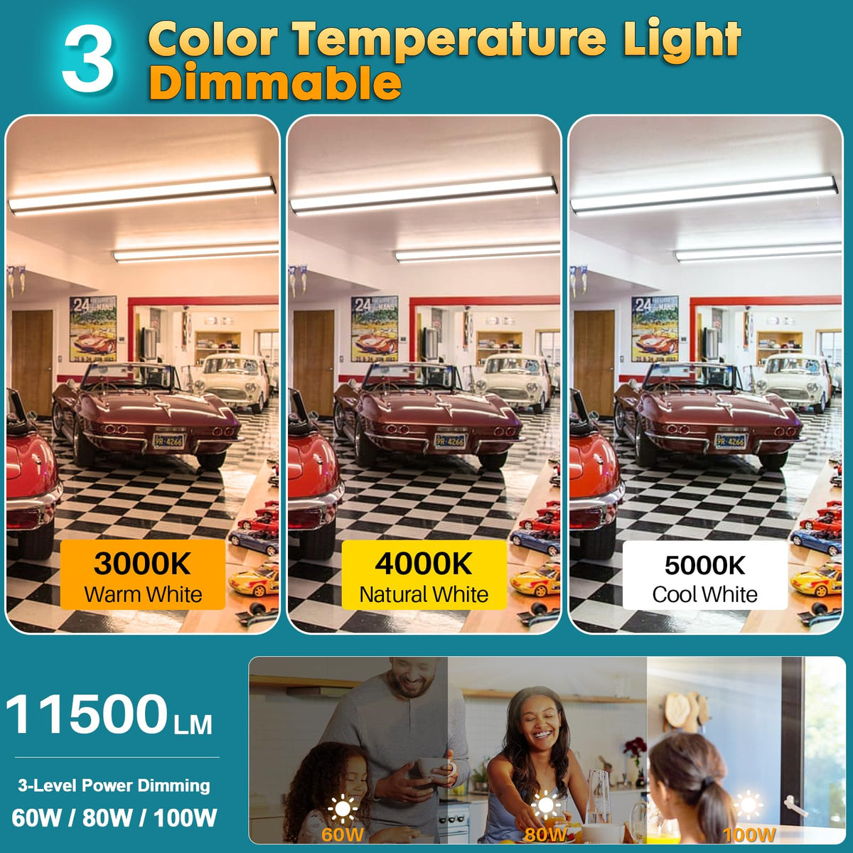 TychoLite 8FT LED Shop Lights, 100W 11500LM Ultra Slim Wraparound Light, 3000K/4000K/5000K CCT & 60W/80W/100W Selectable, Linkable 8 Foot LED Strip Fixture for Garage, Office, Warehouse, 4 Pack