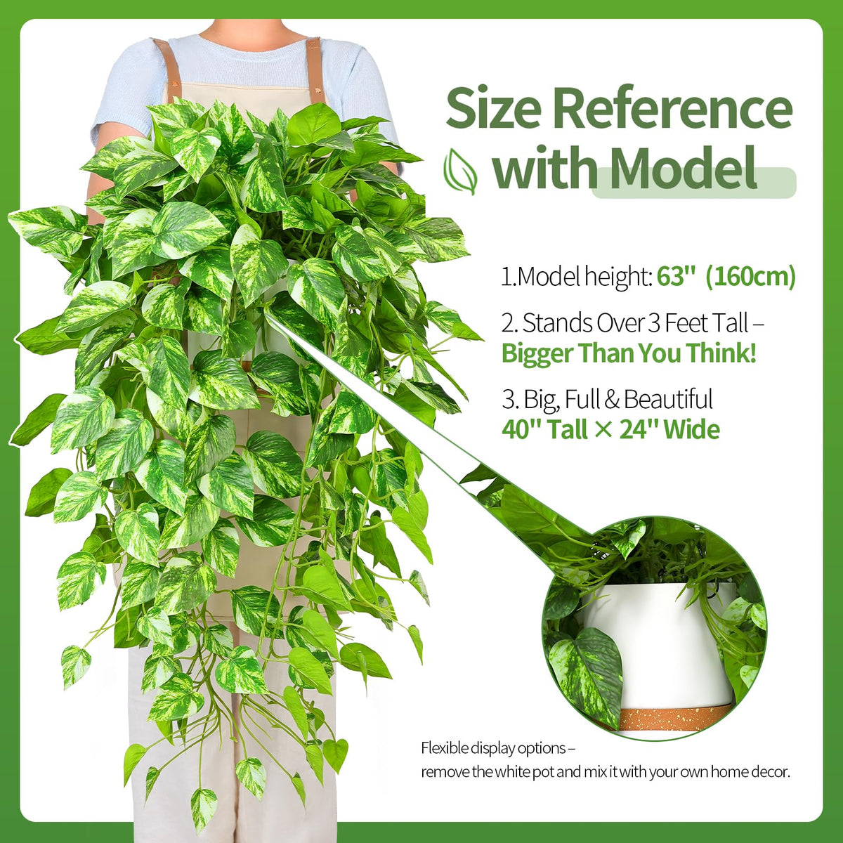 QIANYUN Fake Pothos Ivy Plant for Home Decor – 40" Fake Hanging Plants with Pot, Artificial Silk Greenery for Indoor Shelf, Bedroom, Living Room, Bathroom, or Office Decoration
