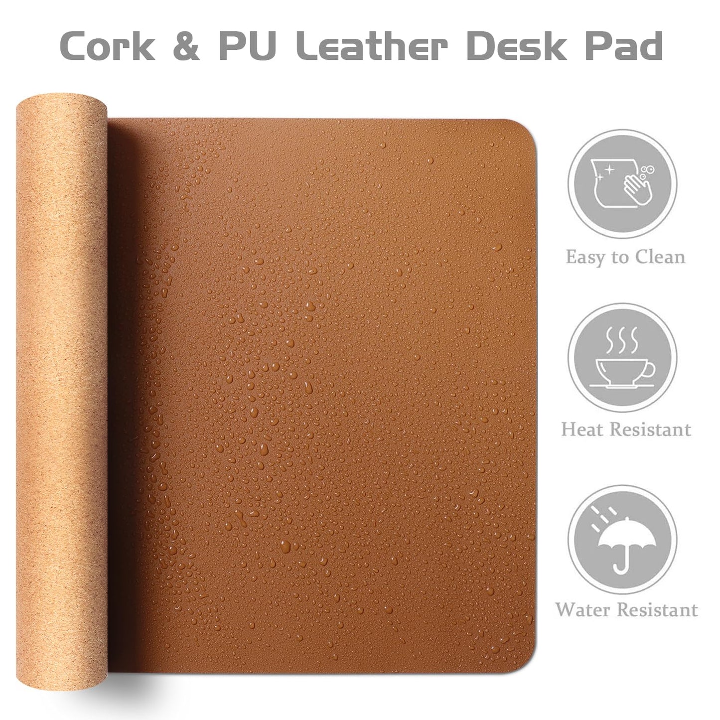 Aothia Double-Sided Desk Pad, Leather Desk Mat, Eco Cork Desk Pad Protector, Large Mouse Pad, Waterproof Desk Blotter Protector for Office/Home (25.6"x13.7", Brown)