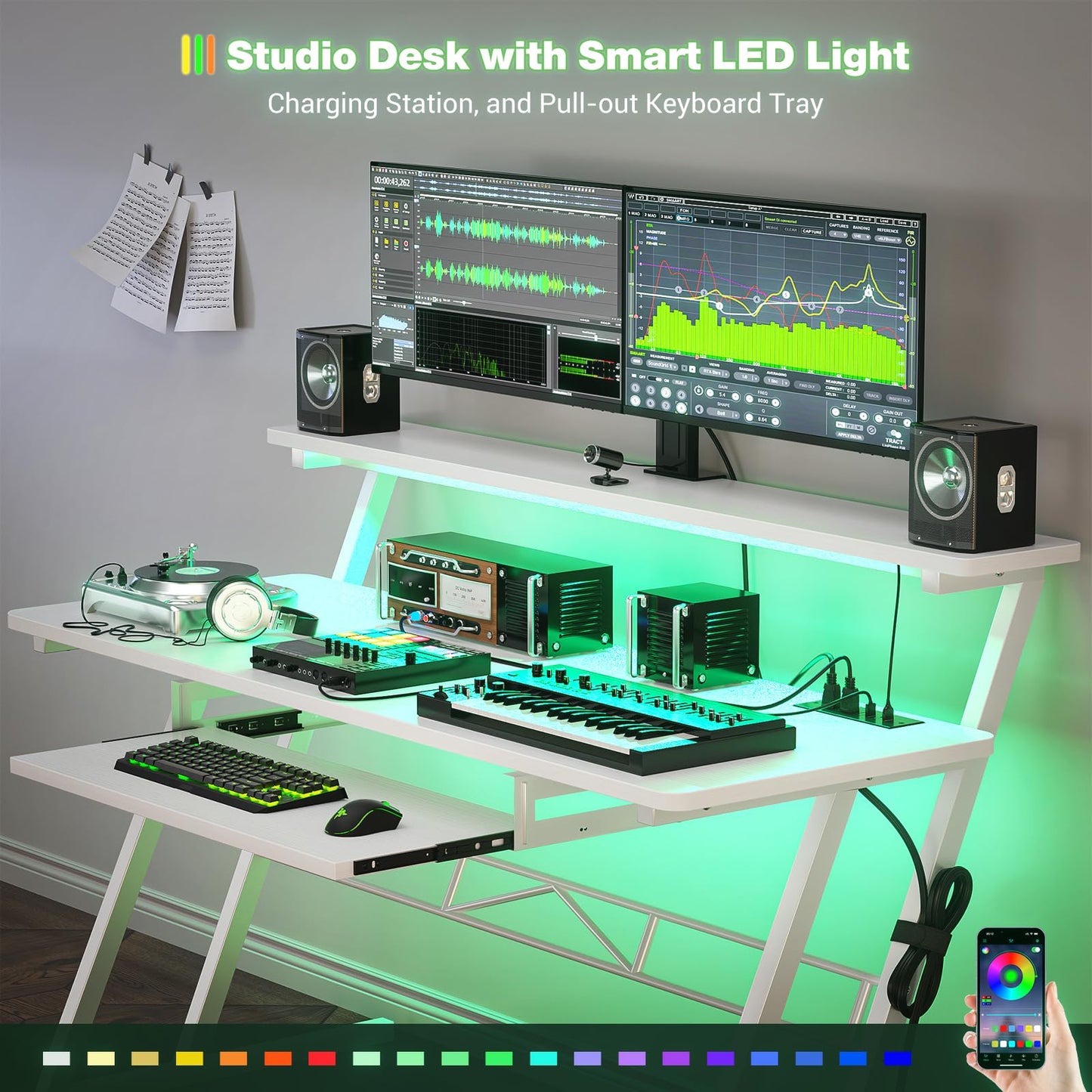 Armocity Music Studio Desk, Music Production Workstation with Power Outlets and RGB LED Lights, Recording Studio Table Desks Music Producer for Home, White