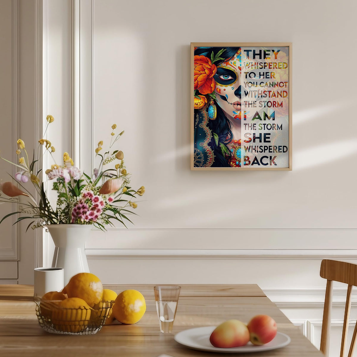 Sugar Skull Mexican Wall Art 11x14 - I Am The Storm Inspirational Quote - Day of the Dead Dia De Los Muertos Decor - Motivational Gifts for Women Home Office Bedroom - Unframed