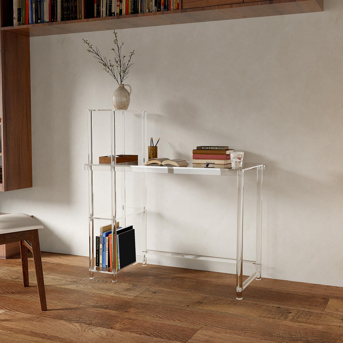 Eglaf Acrylic Desk with 4 Tier Storage Shelves - Modern Computer Desk, Reversible Side Shelf, Easy Assembly, 41.3" L x 19.7" W x 29.5" H, Clear