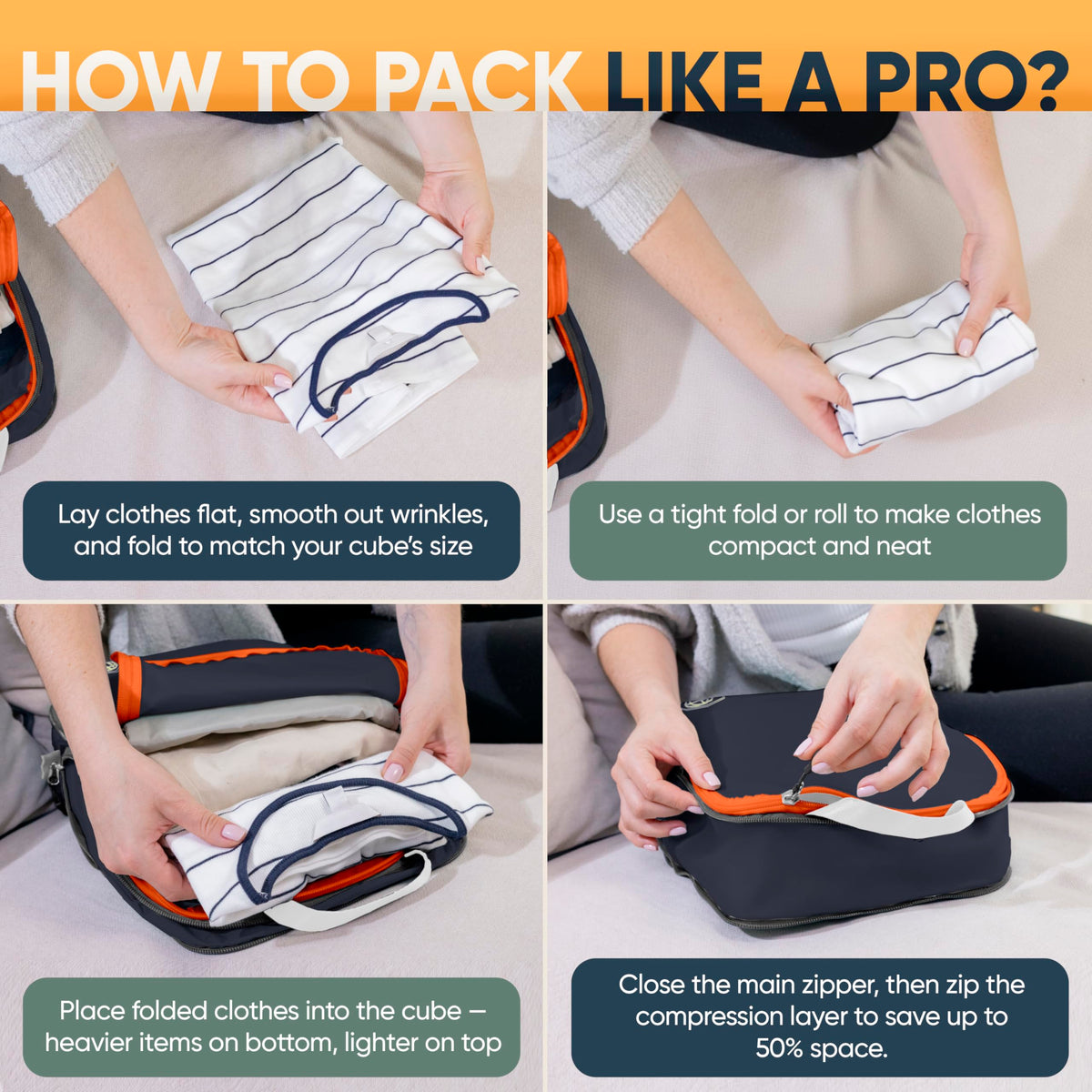 Large Compression Packing Cubes for Travel-Packing Cube Luggage Organizers 7 Piece Set for Checked Luggage-Ultralight, Expandable/Compression Bags by TRIPPED Travel Gear (Grey/Orange)