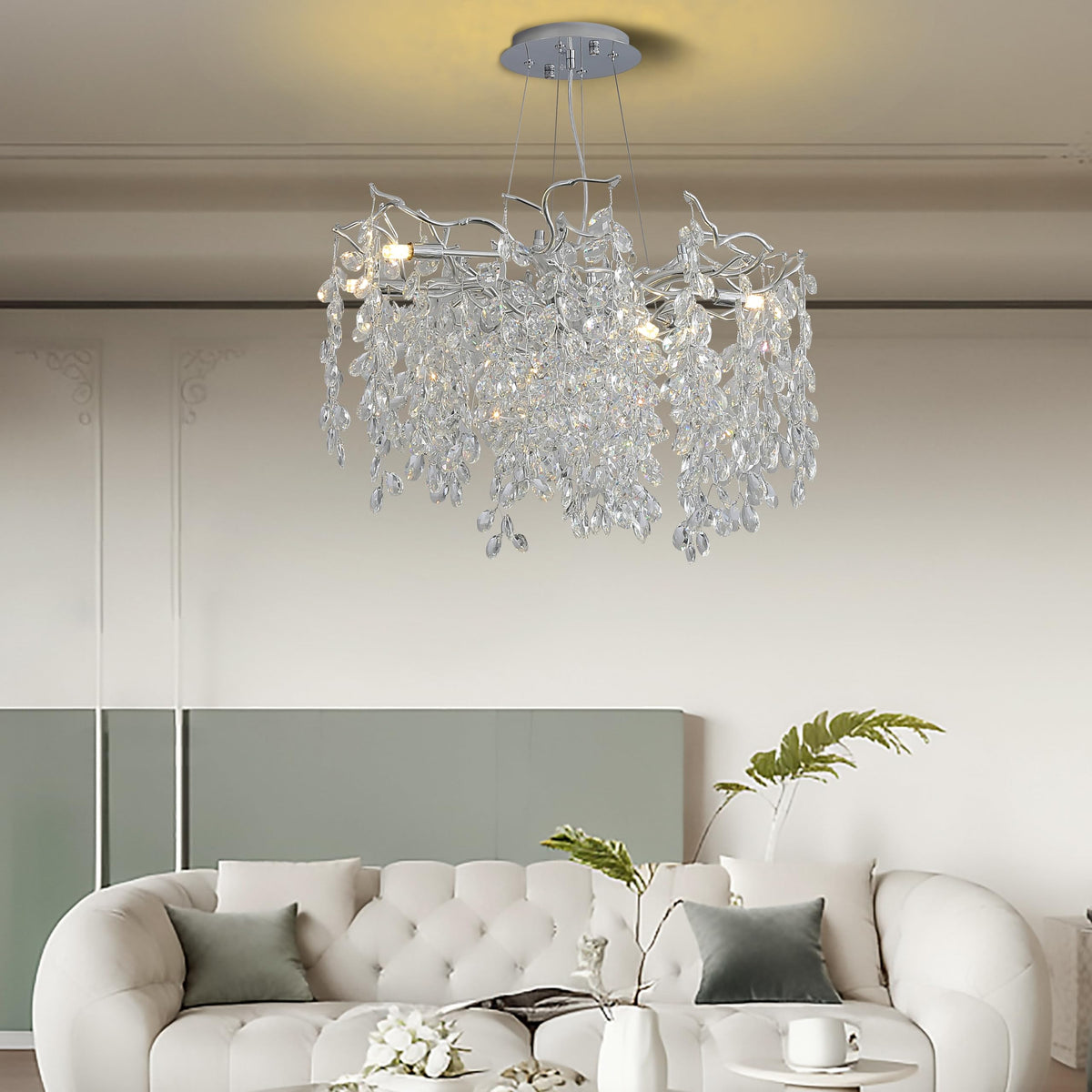KVTOEP 24 Inch Silver Tree Branch Crystal Chandelier, 6-Light G9 Base K9 Crystal Pendant Light, Adjustable Fixture for Dining Room, Living Room & Staircase
