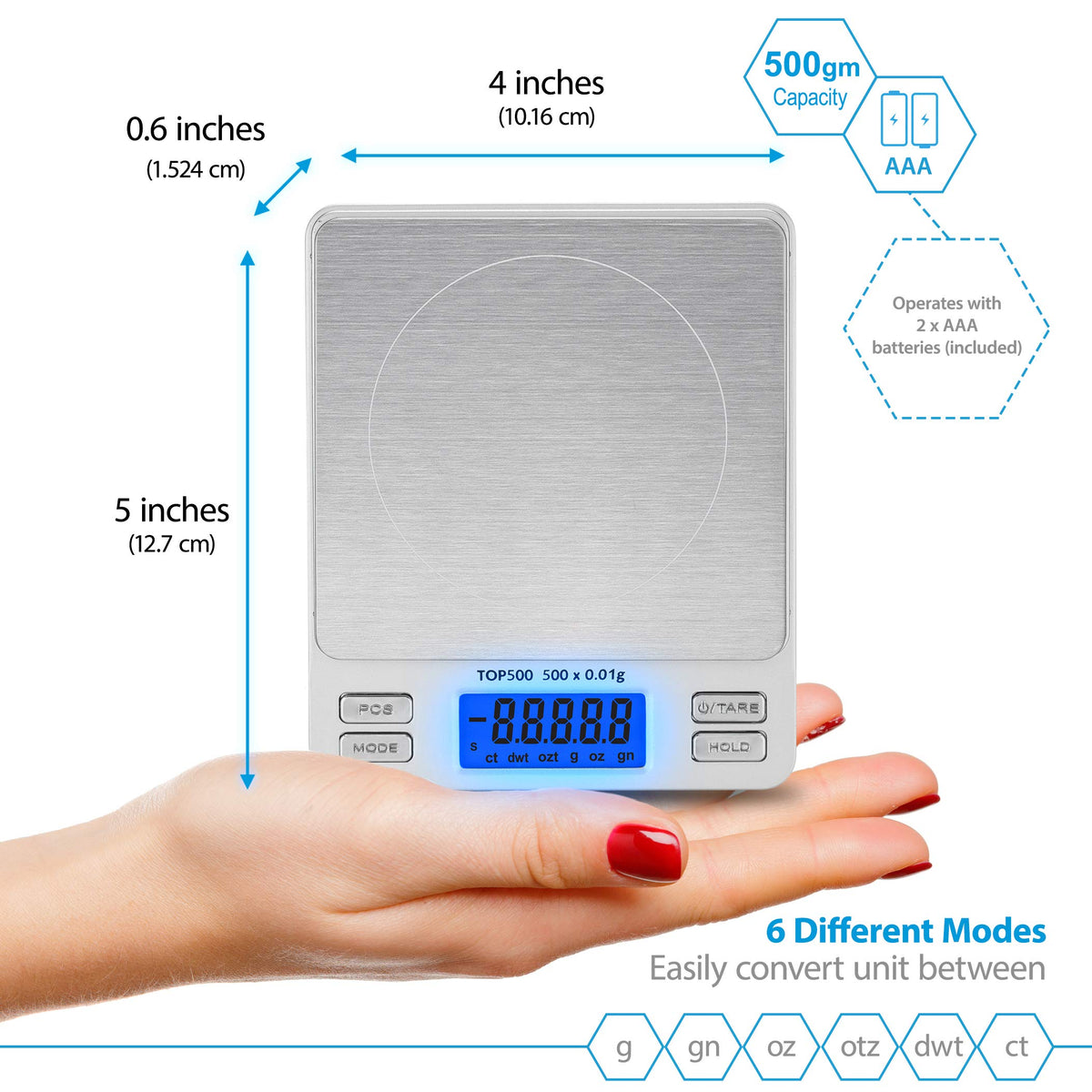 Smart Weigh Digital Pro Pocket Scale 500g x 0.01g – 6 Units: g, oz, gn, ozt, DWT, ct – High Precision for Kitchen, Herbs & Jewelry – Includes Hold/Counting, 2 Trays & Batteries