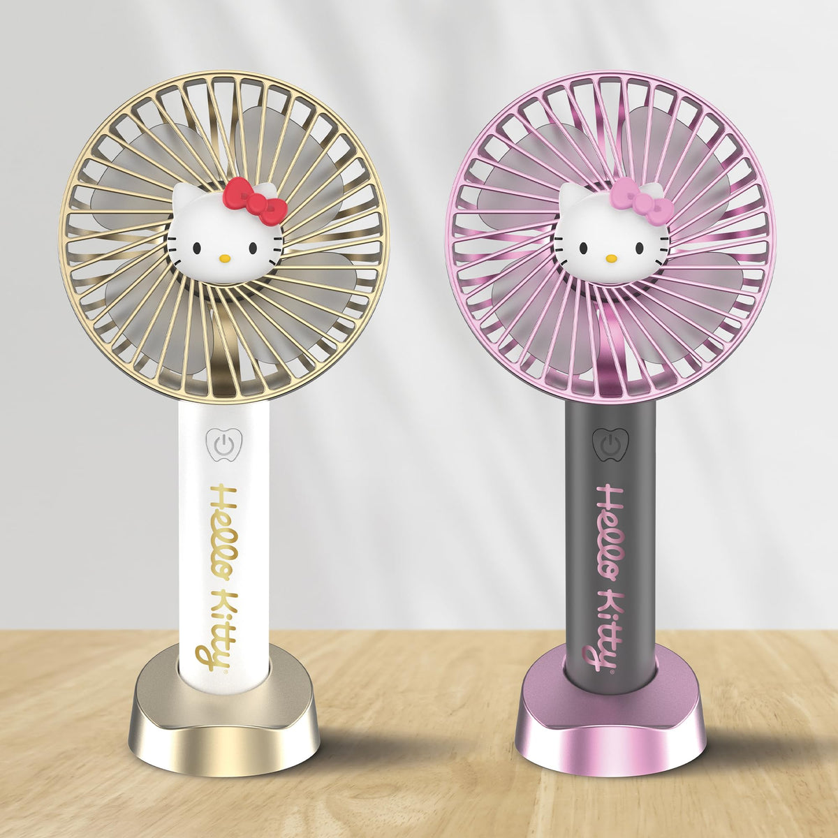 Hello Kitty 2-Pack Handheld Fan with Tabletop Stand - Multi-Speed Settings, Rechargeable Battery, Portable and Compact Design - Ideal for Home, Office, and Outdoor Use - Includes USB Charging Cable