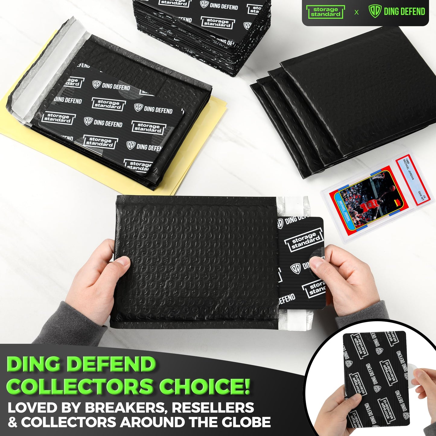 Ding Defend Trading Card Shipping Kit - Includes 110 4’’ x 6’’ Protectors, 55 Envelope Bubble Mailers, 240 Tape Seals for Slabs & Collectible Cards - Black