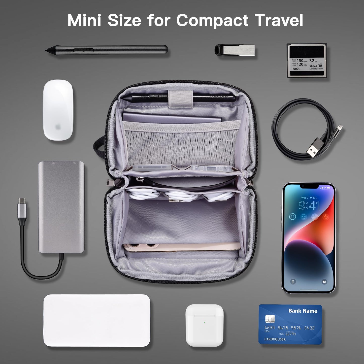 DDgro Mini Electronics Travel Organizer Pouch, Small Storage Case for Cable/Charger & Cords/Tech Essentials (Black-Mini)