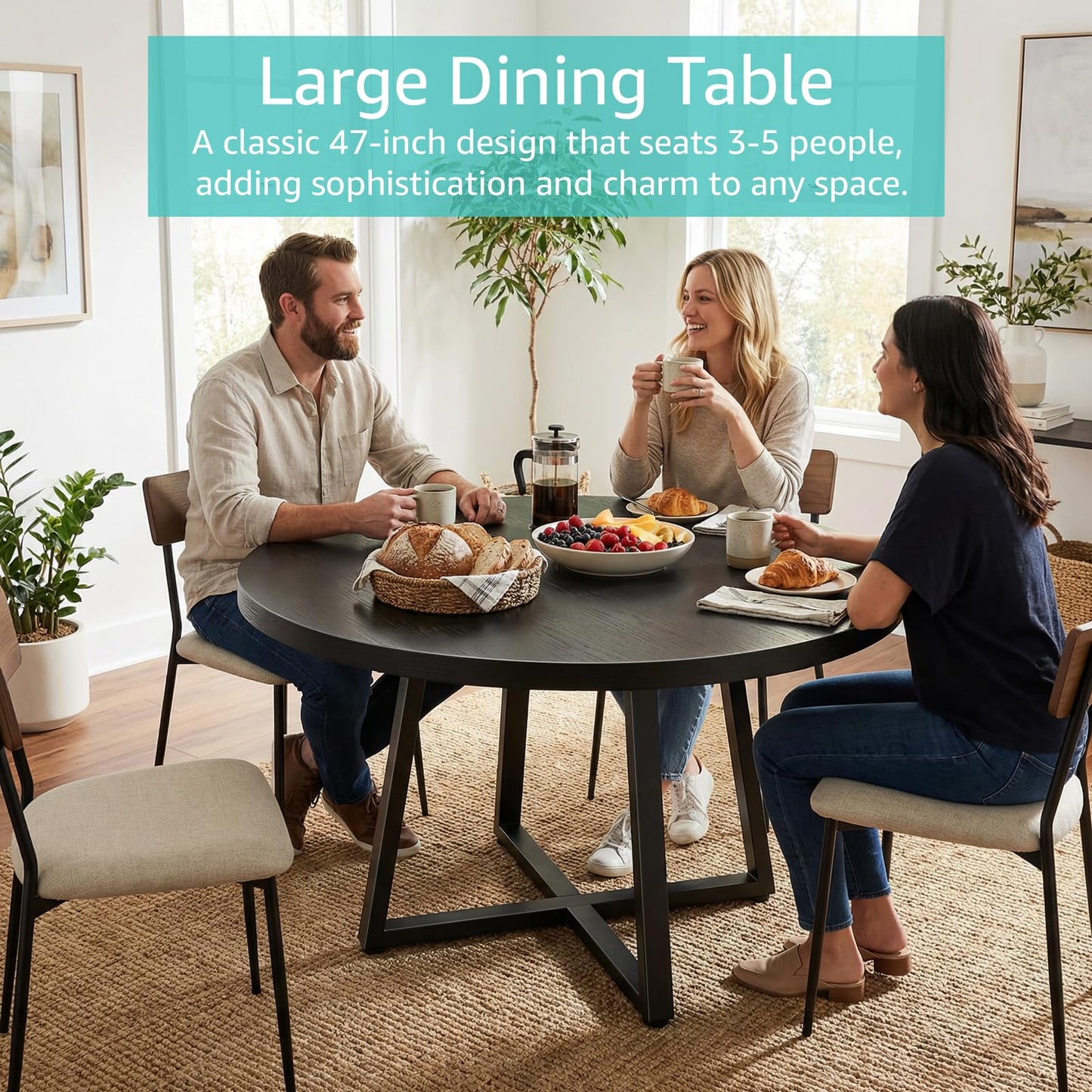 NUTIKAS 47 Inch Round Dining Table for 4, Modern Black Wood Grain Kitchen Table with Cross Metal Legs, Circular Industrial Dinner Table for Small Spaces, Breakfast Nook, Apartment, Office