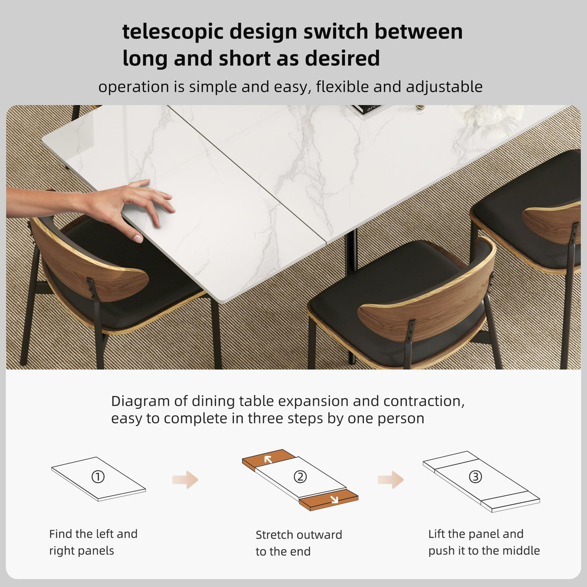gaoyangjiaju 62.9"-94.4" Modern Extendable Dining Table for 6 to 10 Seats, Rectangular Sintered Stone Table with High Hardness and Easy Maintenance for Dining Room Family Gathering, White Top