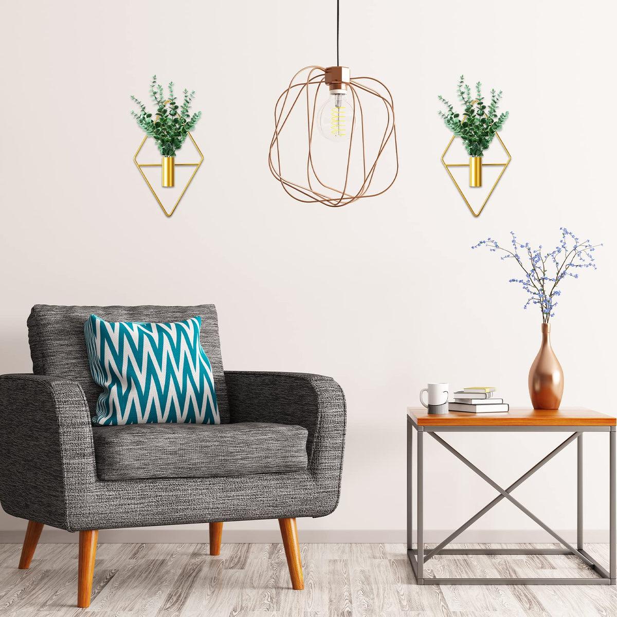 Canlierr 2 Pieces Gold Wall Decor Hanging Planters with Artificial Plants Metal Vase Indoor Plants Holder Modern Geometric Wall Art for Home Bathroom Bedroom Living Room Office(Eucalyptus,Medium)