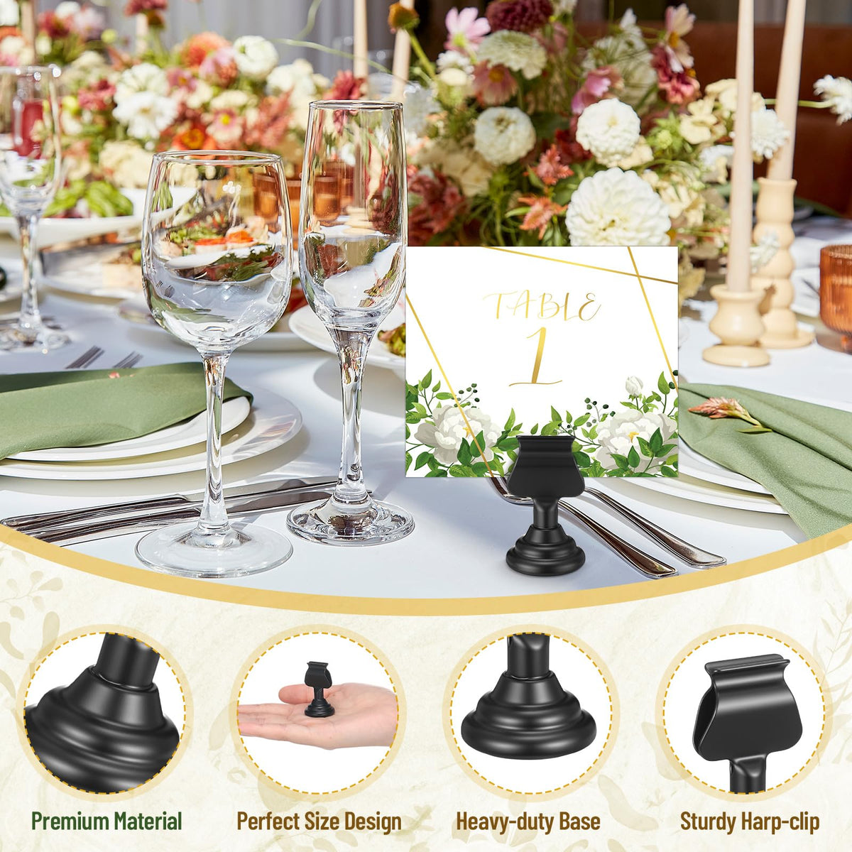 Kathfly 24 Pcs Wedding Table Number Holders 1.7 Inch Metal Black Mini Place Card Holders Bulk Harp-clip Table Sign Stands Card Holder Display Picture Memo Notes Menu for Restaurants Birthday Decor