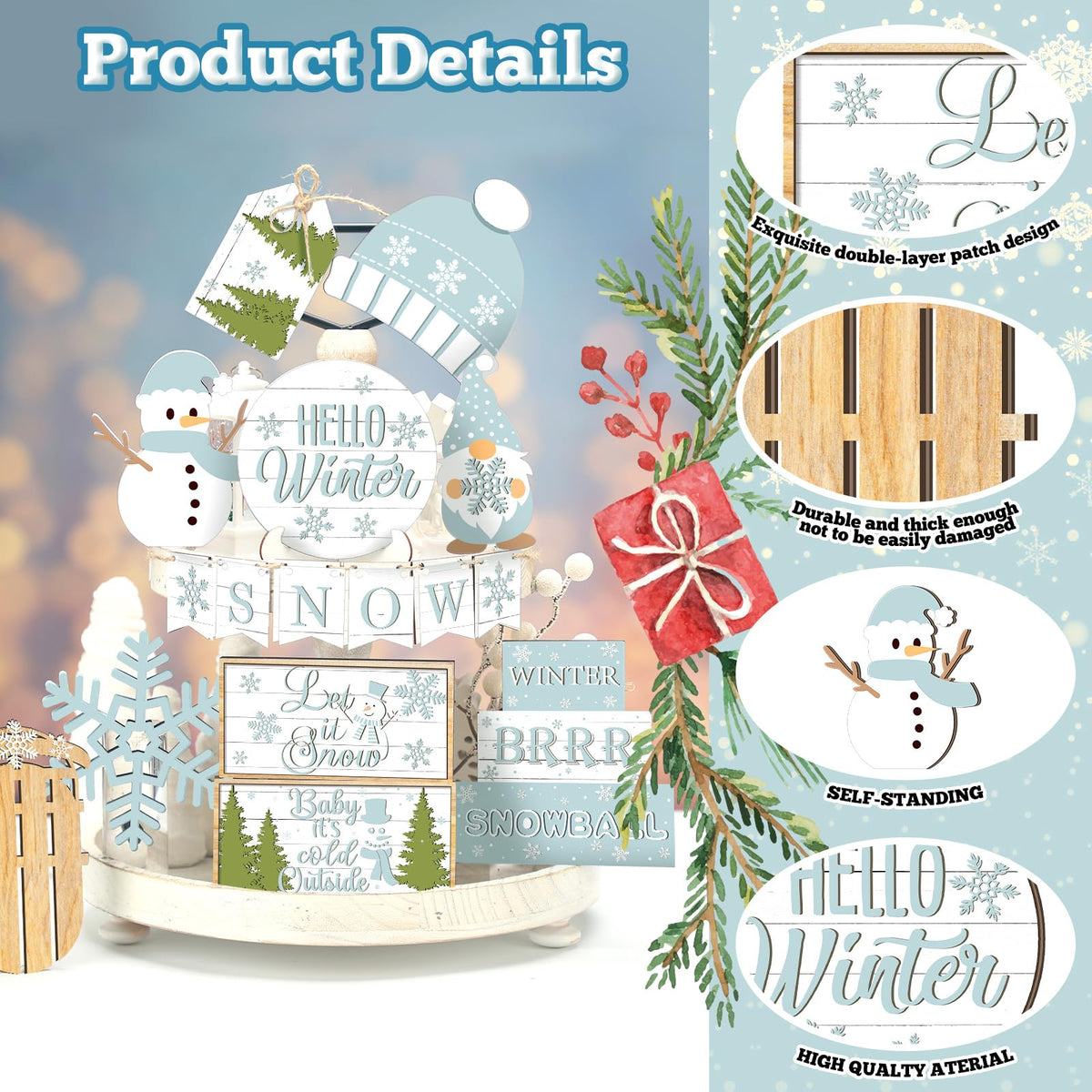 FairySandy 15 Pcs Winter Tiered Tray Decor Snowman and Snowflakes Wooden Signs Farmhouse Winter Tiered Tray Decorations Set Wood Table Decor for Holiday Home Kitchen
