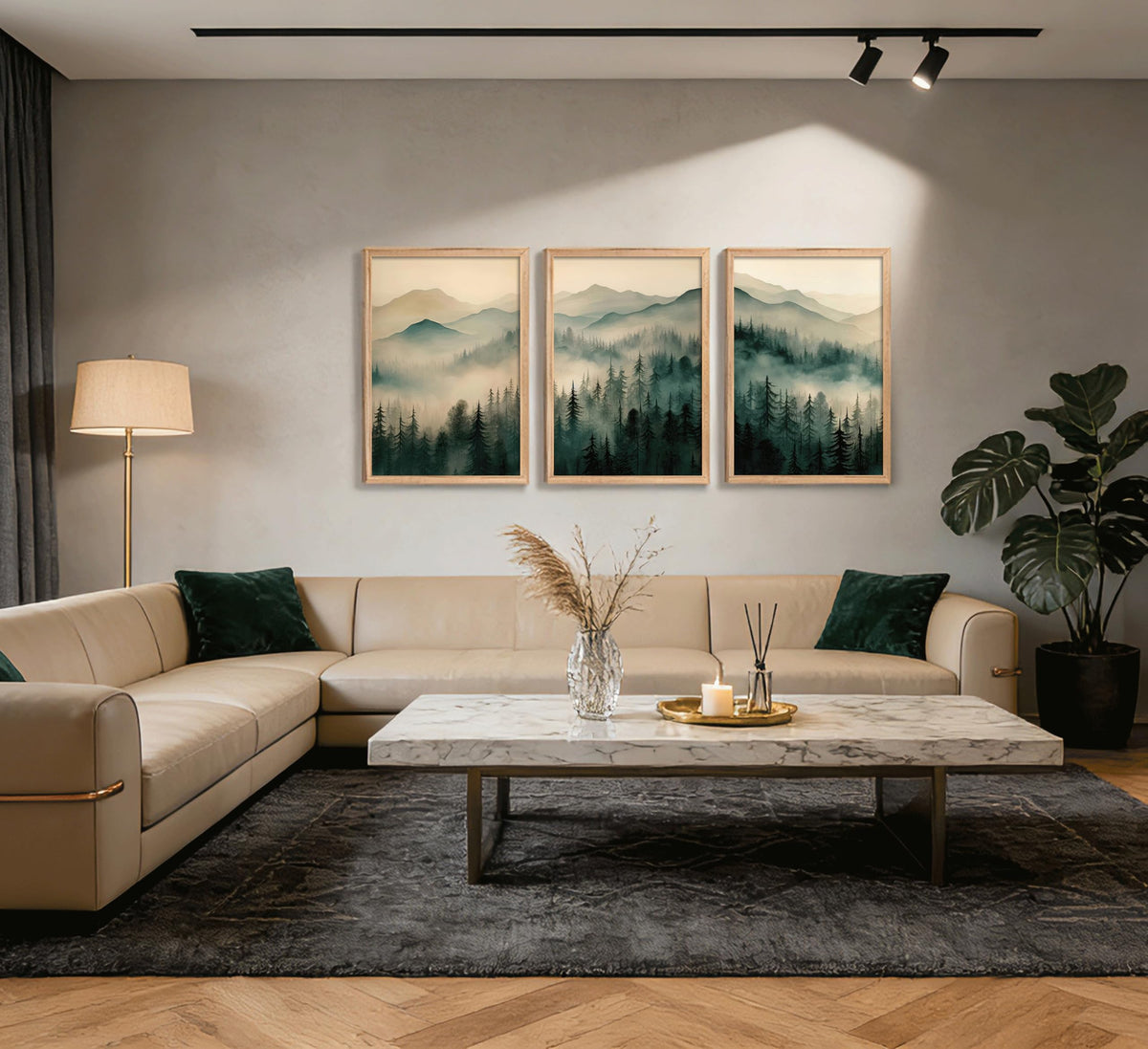 Framed Misty Mountain Forest Wall Art Set, Mordern Calming Pine Forest Oil Painting Canvas Prints, Smoky Mountain Landscape Wall Decor, Green Natural Scenery Poster for Living Room Bedroom Office
