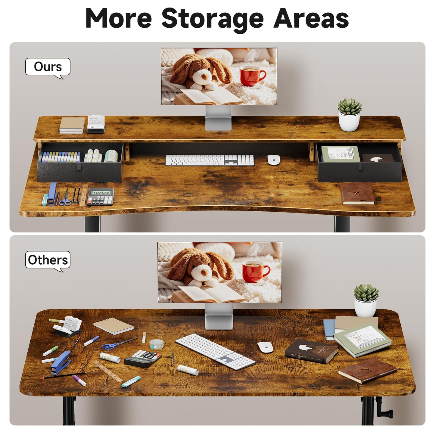 Veken 47.2"×27.6" Standing Desk with Storage Drawers, Adjustable Height Computer Table with Monitor Shelf, Home Office Desk for Study, Gaming, Workstation, Brown