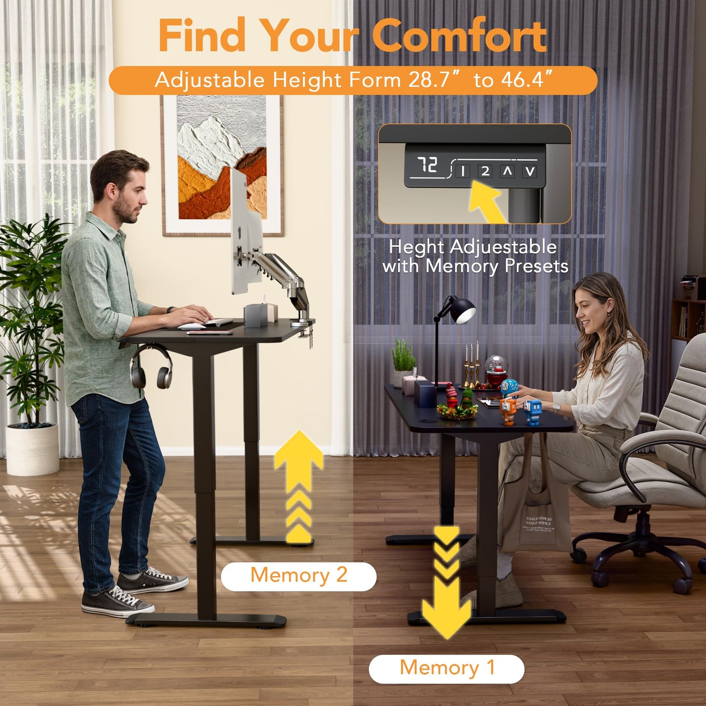 Furmax 55 x 24 Inches Electric Height Adjustable Standing Desk Large Sit Stand Up Desk Home Office Computer Desk Memory Preset with T-Shaped Metal Bracket, Black