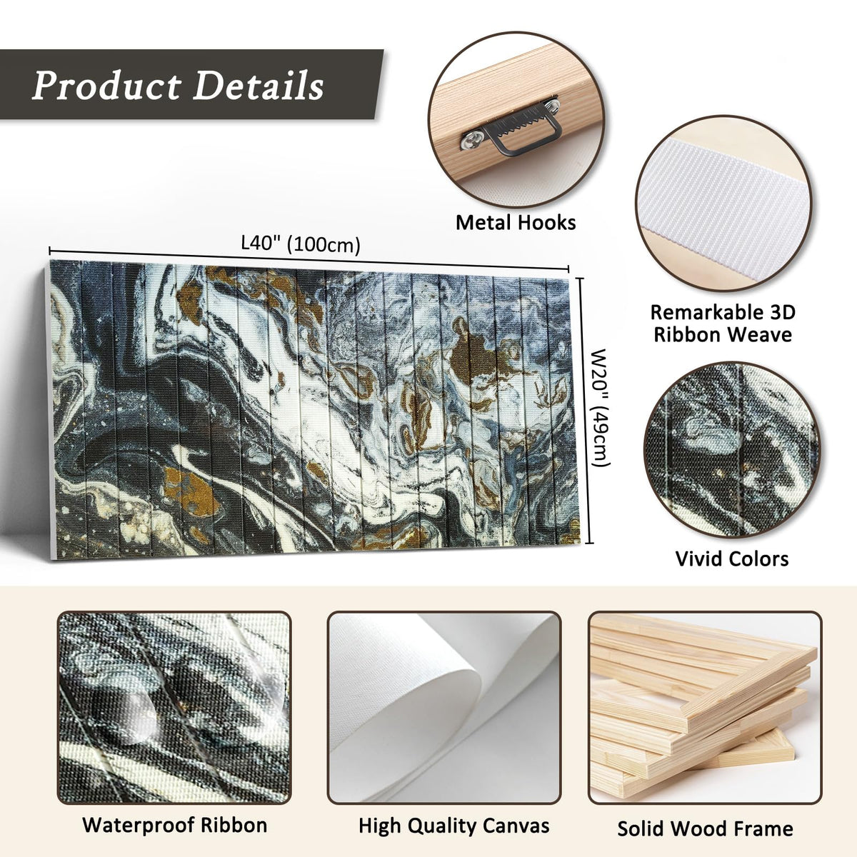 llribbons Framed Abstract Canvas Ribbon Wall Art Black White Gold Pictures Living Room Wall Decor Modern Painting Handmade 3D Woven Textured Prints Artwork for Bedroom Home Office Decoration 20" x 40"