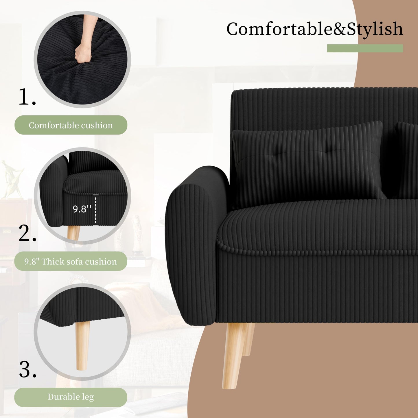 Vongrasig 48" Small Modern Loveseat Sofa, Mid Century Soft Corduroy Fabric 2-Seat Sofa Couch Tufted Love Seat with Back Cushions and Tapered Legs for Living Room, Bedroom and Small Space (Black)