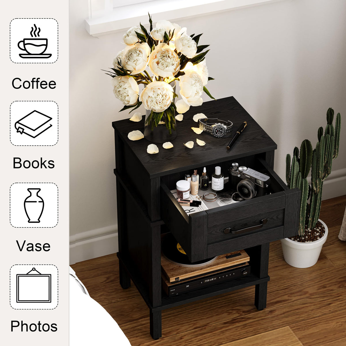 YAUKTAK Farmhouse Nightstand with Drawer, Small Wood Side Table, Wooden Bedroom Nightstand, Wood Night Stand, Black Bedside Table with Storage, Black End Table for Living Room LET512B