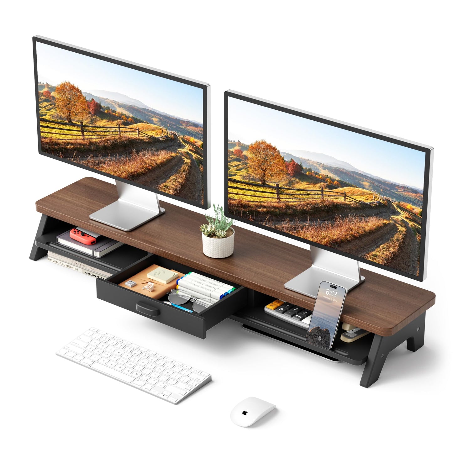 AFOOYO Dual Monitor Stand Riser,LED 2-Tier 39.3 Inch Computer Monitor Stand for 2 Monitors,Office Desktop Organizer with Storage Drawer and Phone Holder for Laptop,PC,Computer,Printer,Walnut